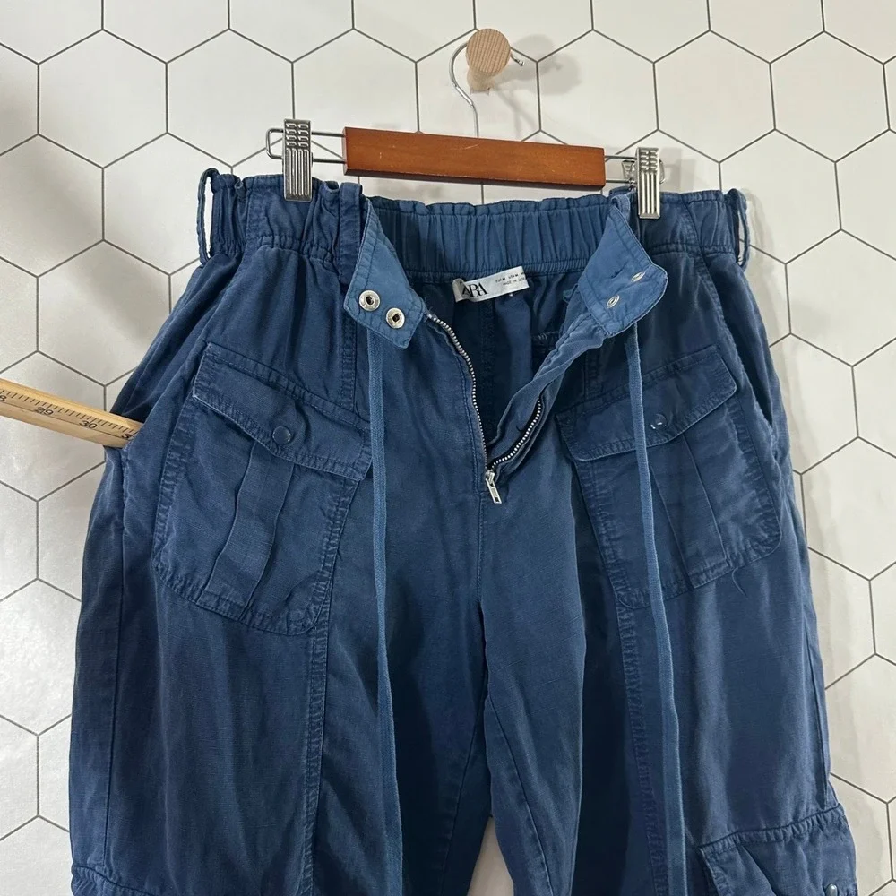 Zara Navy Blue Linen Blend Cargo Utility Pants High Rise Paperbag Waist Size M